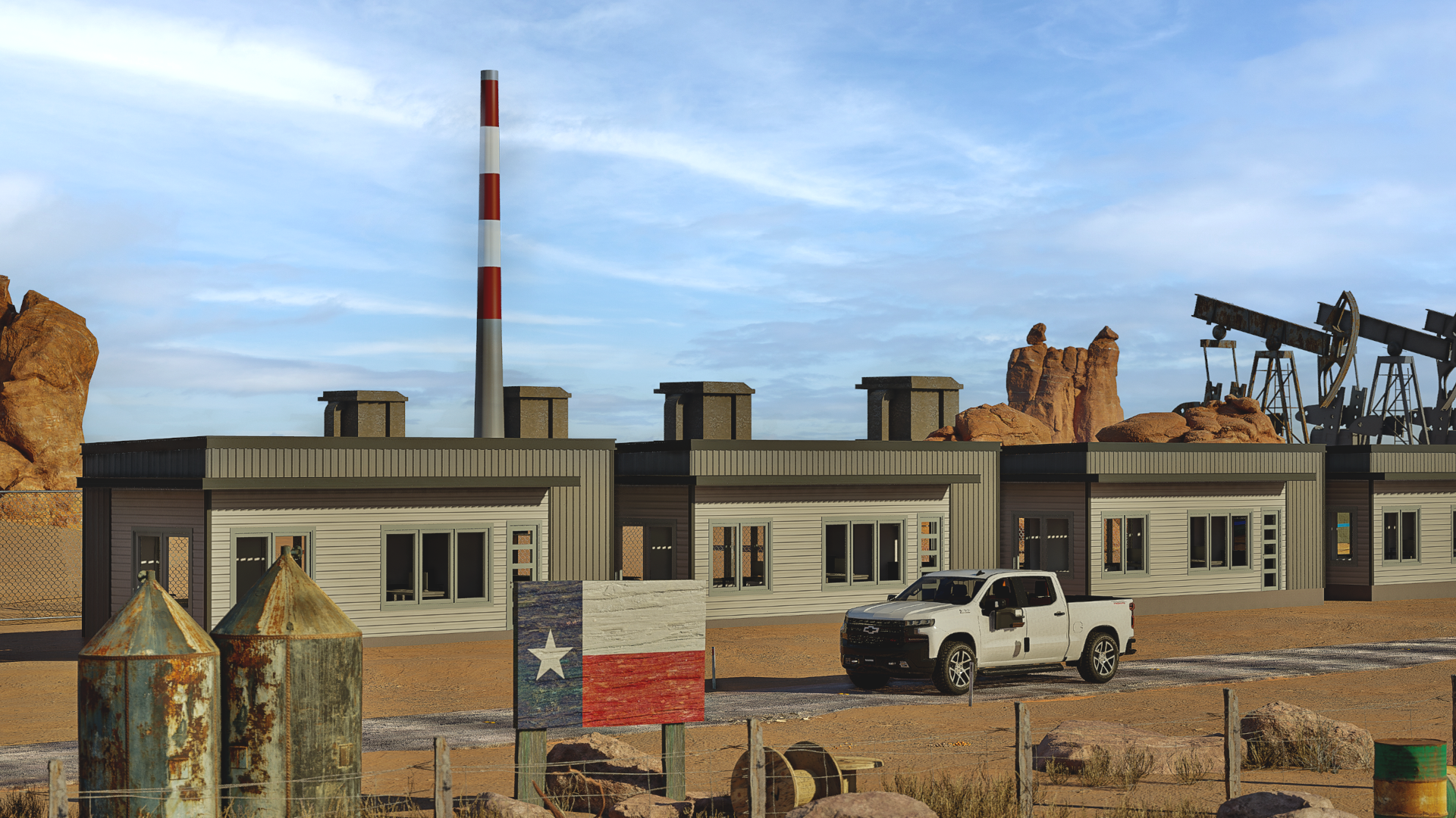 Field Units rendering with truck and Texas sign
